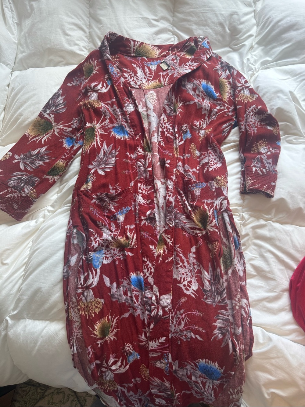Floral Red Duster Cardigan with Blue & Green Accents - Picture 2 of 4